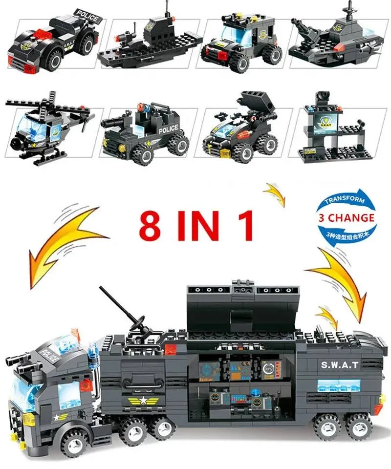 Kompatybilny z Lego policja miejska Station SWAT Command Vehicle Truck Car kreatywny budynek bloki